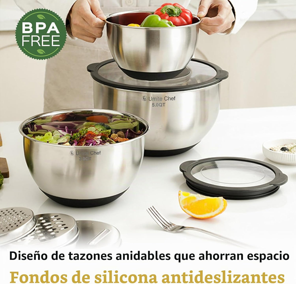 Juego de cuencos para mezclar con tapas - Tapas antideslizantes, he...