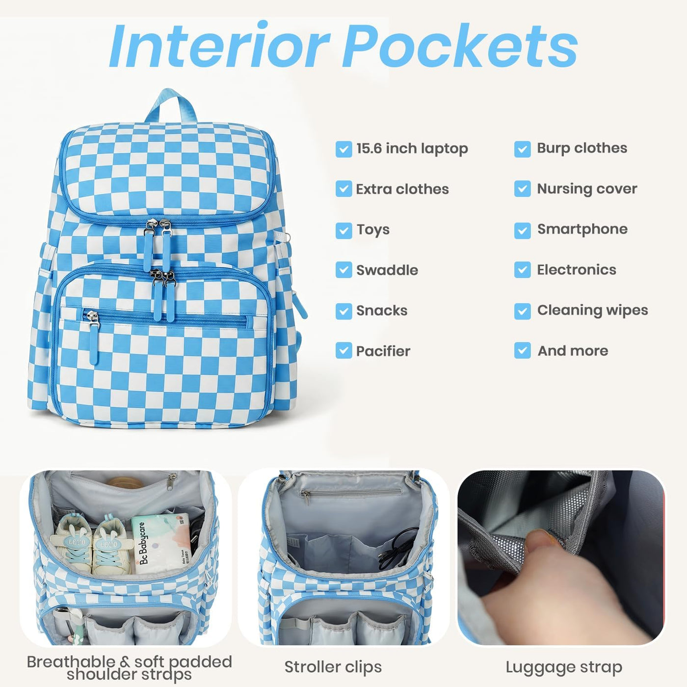 FHELAD Mochila de pañales a cuadros con cambiador y clips para coch...