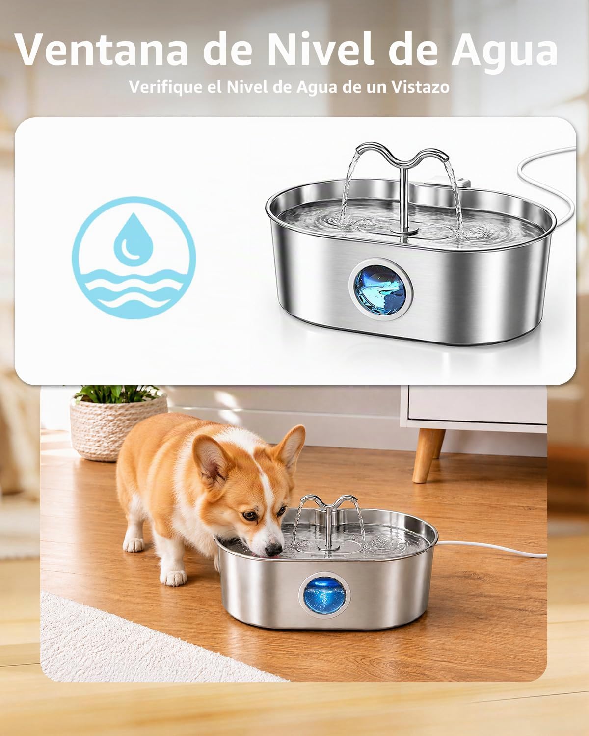 Fuente de agua para perros, fuente de agua de acero inoxidable de 2...