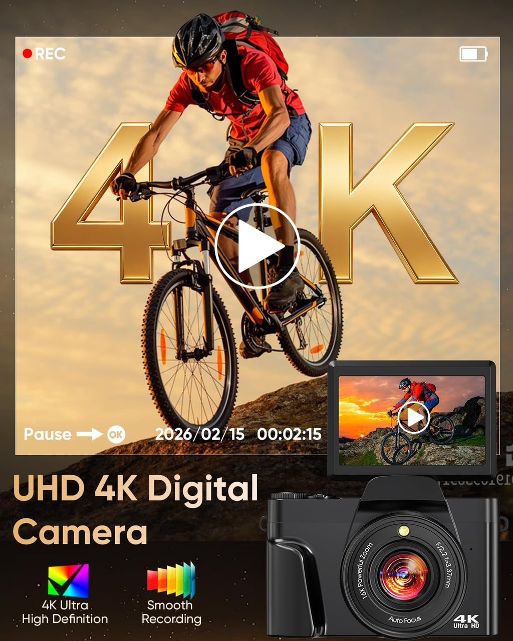 Cámara digital 4K WiFi 180° pantalla abatible enfoque automático 64...