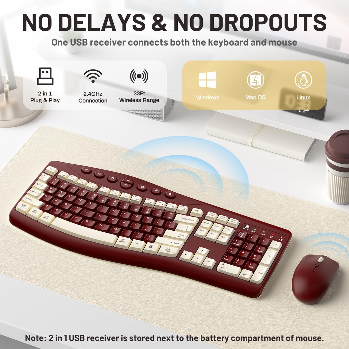 Teclado inalámbrico y ratón Combo silencioso ergonómico diseño curv...