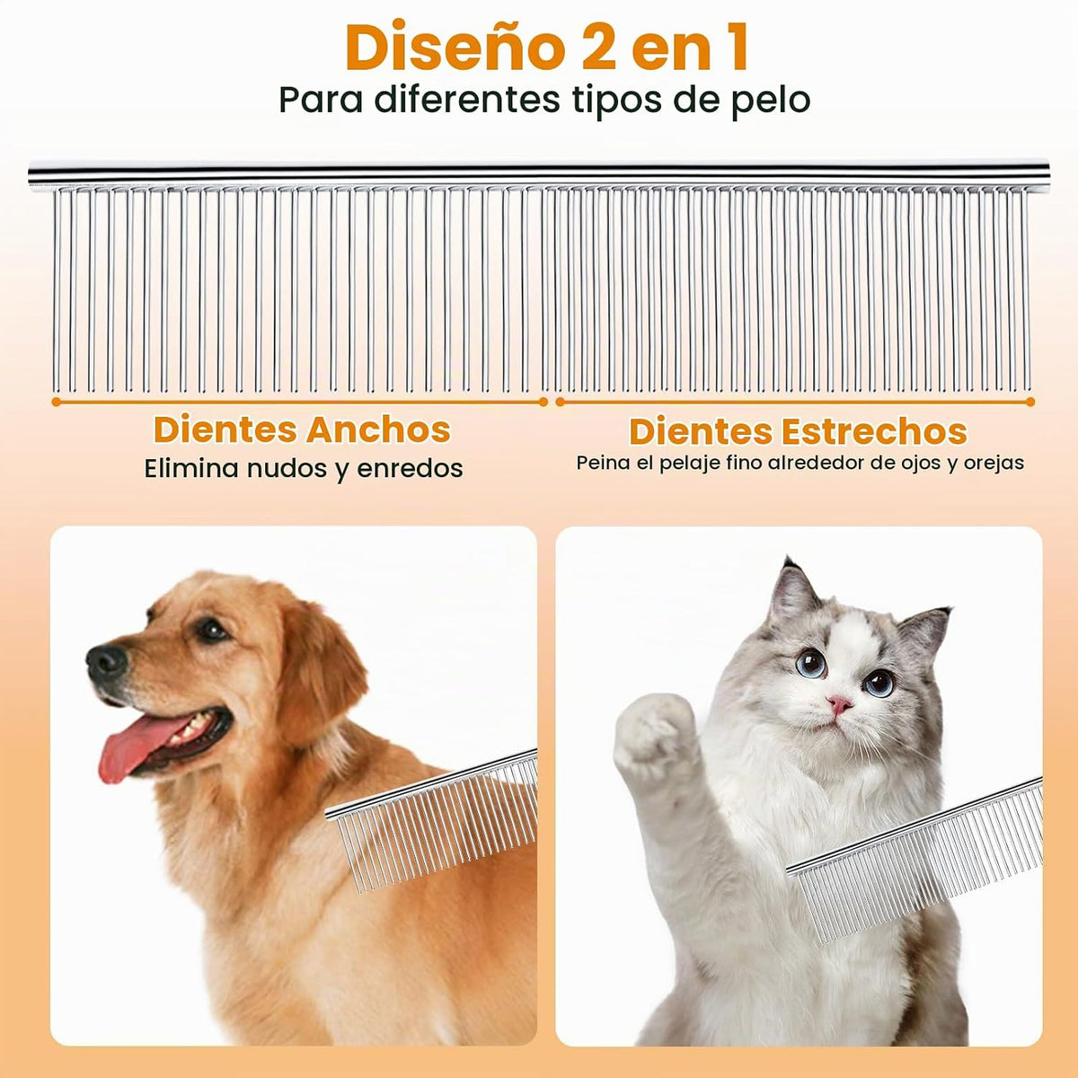 PETTOM 2 peines de acero inoxidable para perros, peine de dientes r...