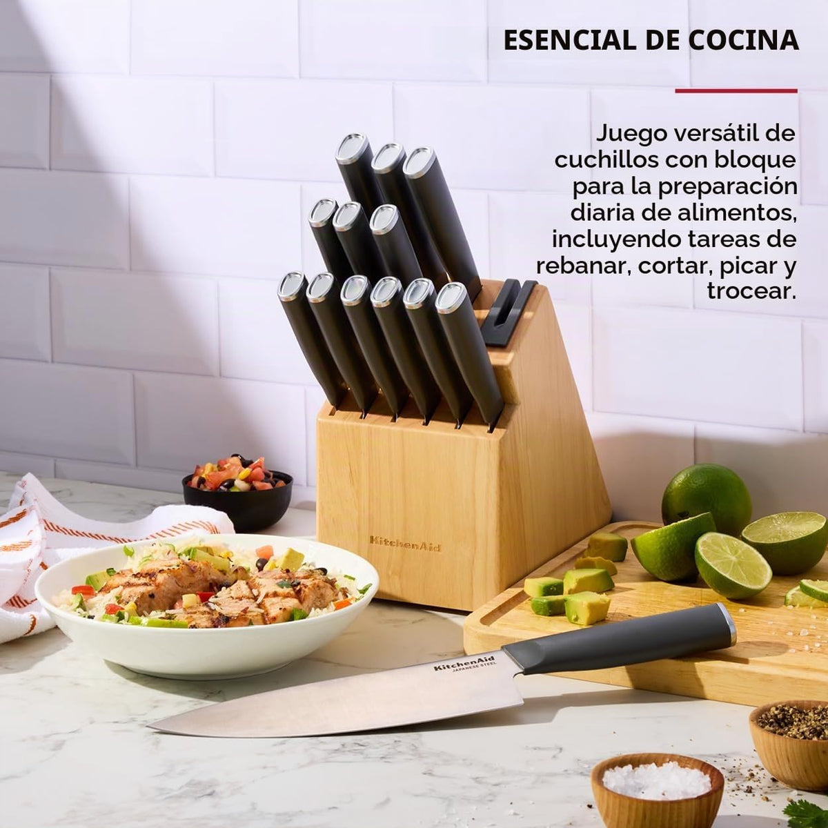 KitchenAid Juego de bloques de cuchillos naturales clásicos con afi...