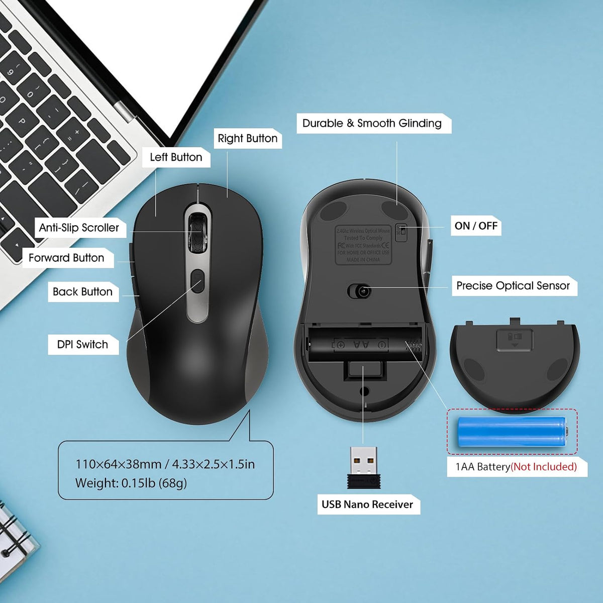 Mouse inalámbrico para laptop, PC, Chromebook, Mac, MacBook, mouse...
