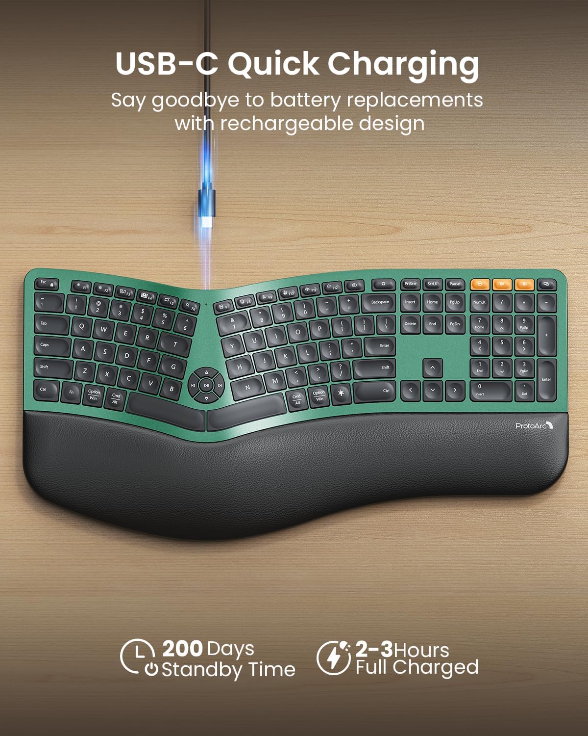 ProtoArc Teclado ergonómico inalámbrico retroiluminado de tamaño co...