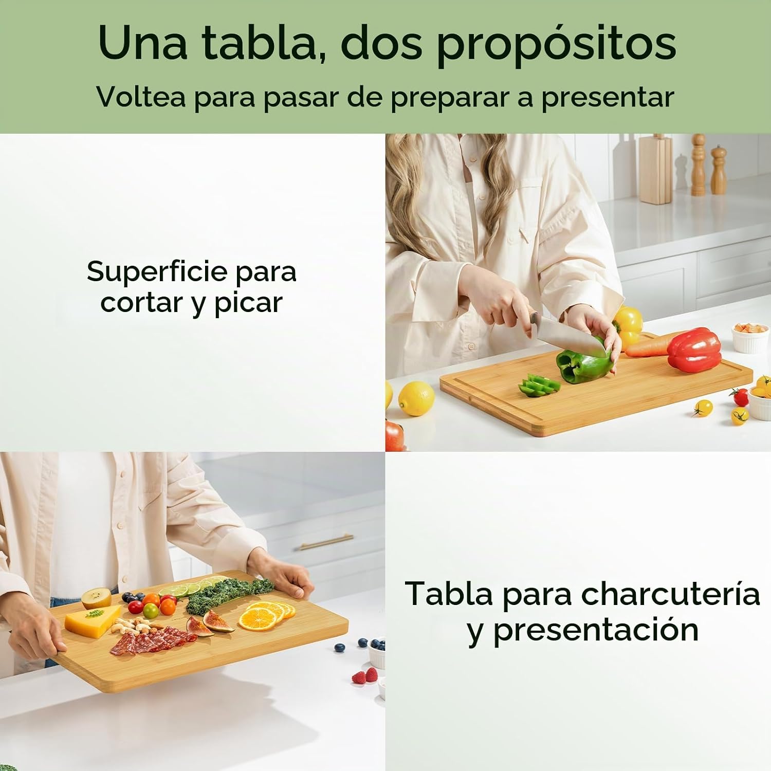 Keechee Kitchen Essentials Tabla de cortar de bambú natural XL con...