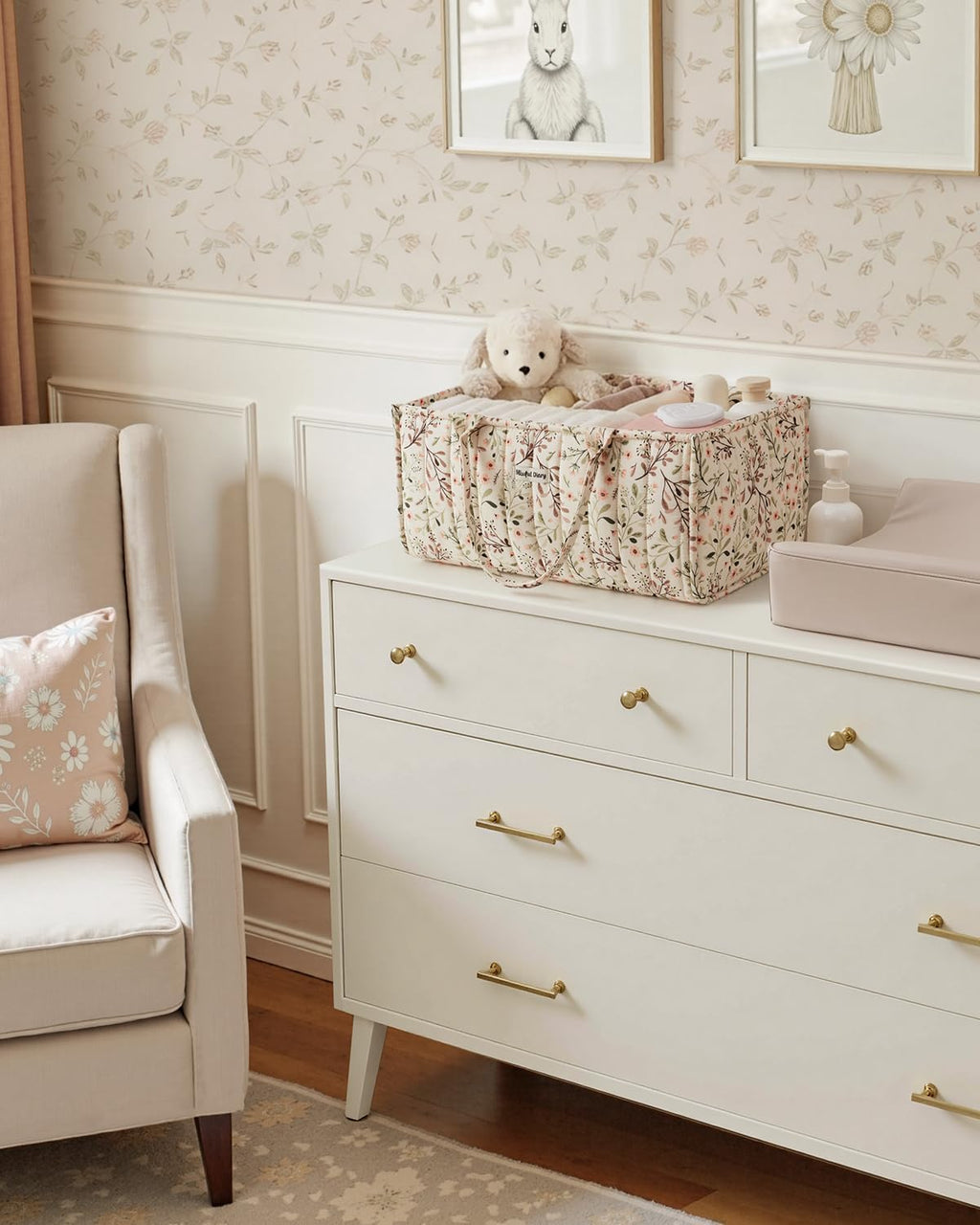 Blissful Diary Organizador de pañales con flores, elegante cesta de...