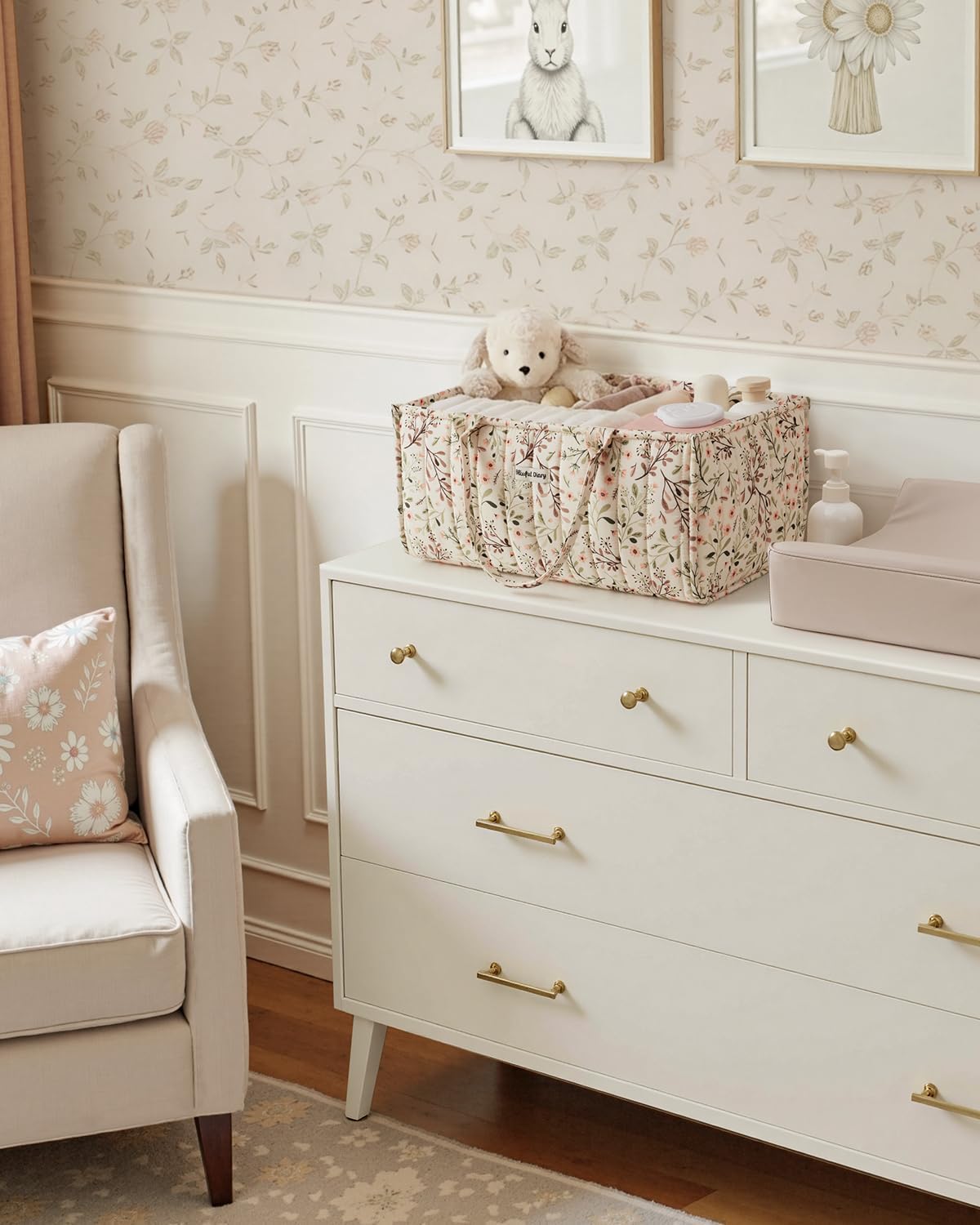 Blissful Diary Organizador de pañales con flores, elegante cesta de...