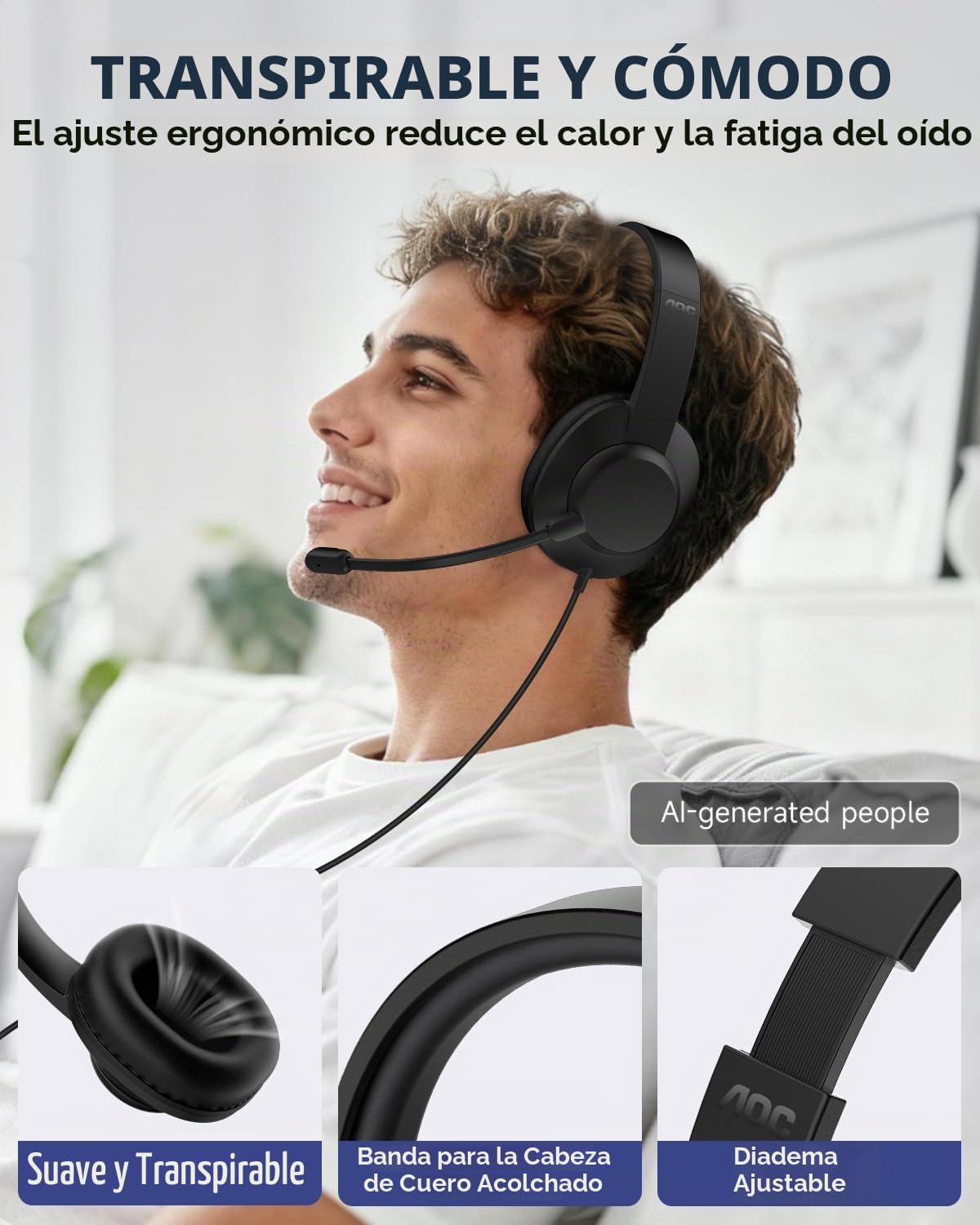 AOC Auriculares USB con micrófono para PC, auriculares con cable so...