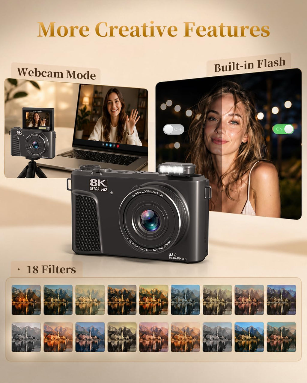 Cámara digital 8K, cámara de enfoque automático de 88MP para princi...