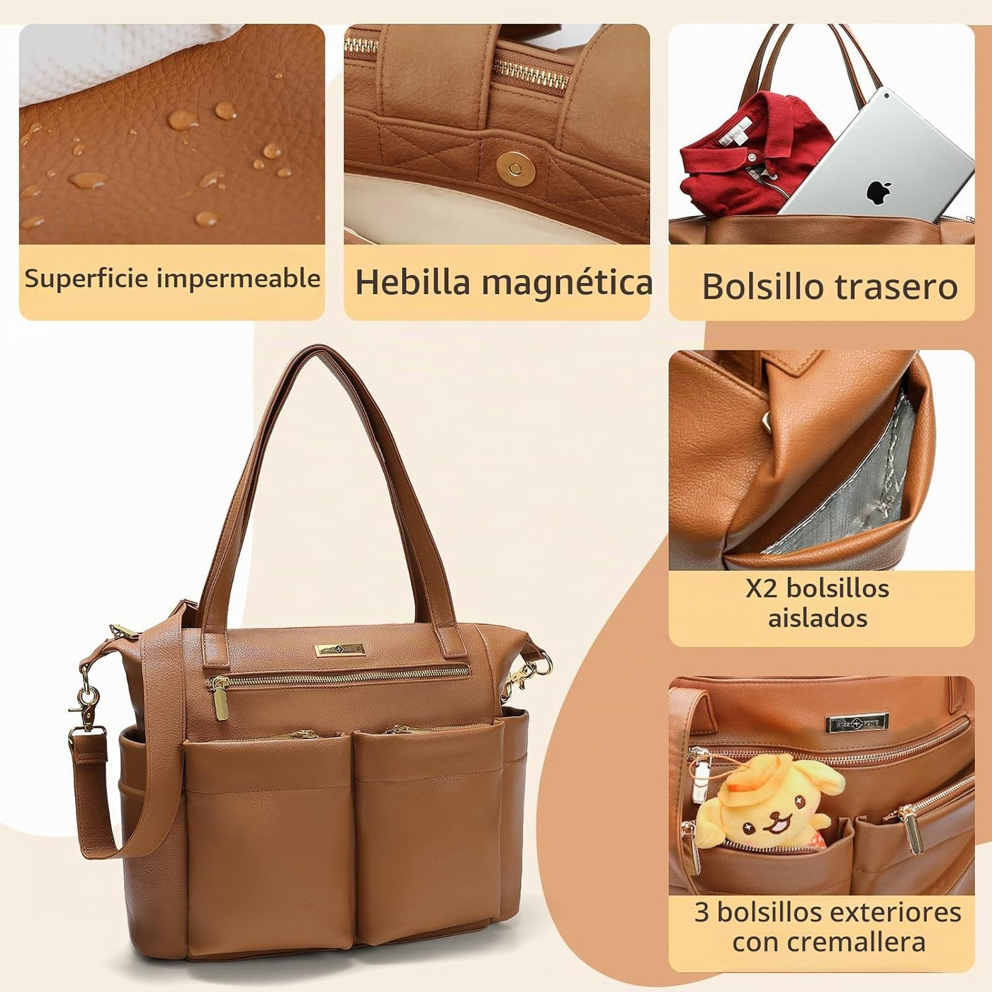Miss Fong Bolso de cuero para pañales con almohadilla para cambiar,...