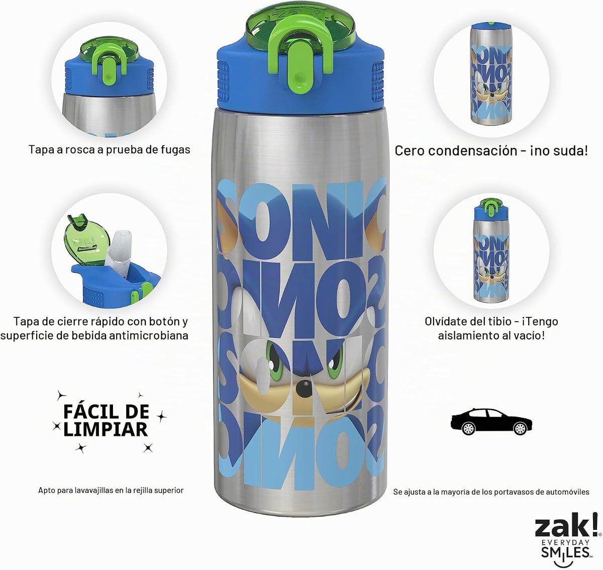 Zak Designs Sonic the Hedgehog - Botella de agua para viajes y en c...