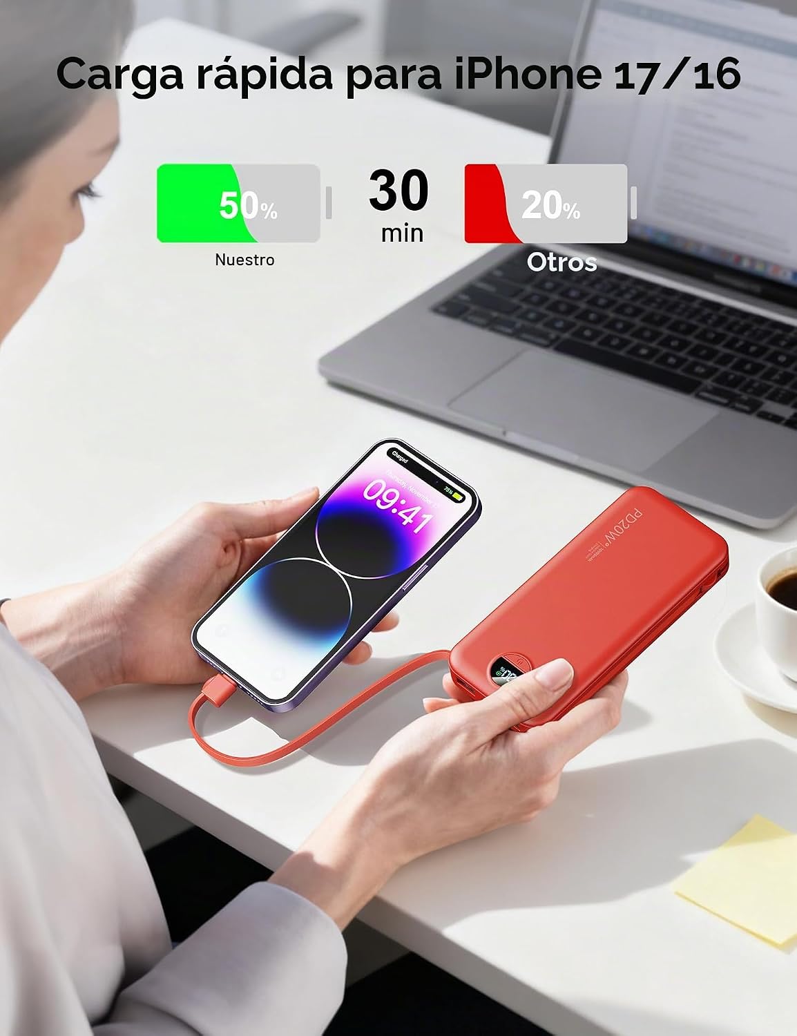 Cargador portátil Power Bank 10000mAh con cables integrados y enchu...