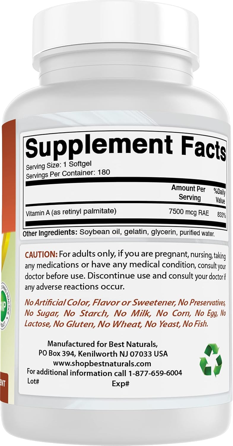 Best Naturals Vitamina A 25000 UI (7500 mcg), fórmula sin OMG que a...