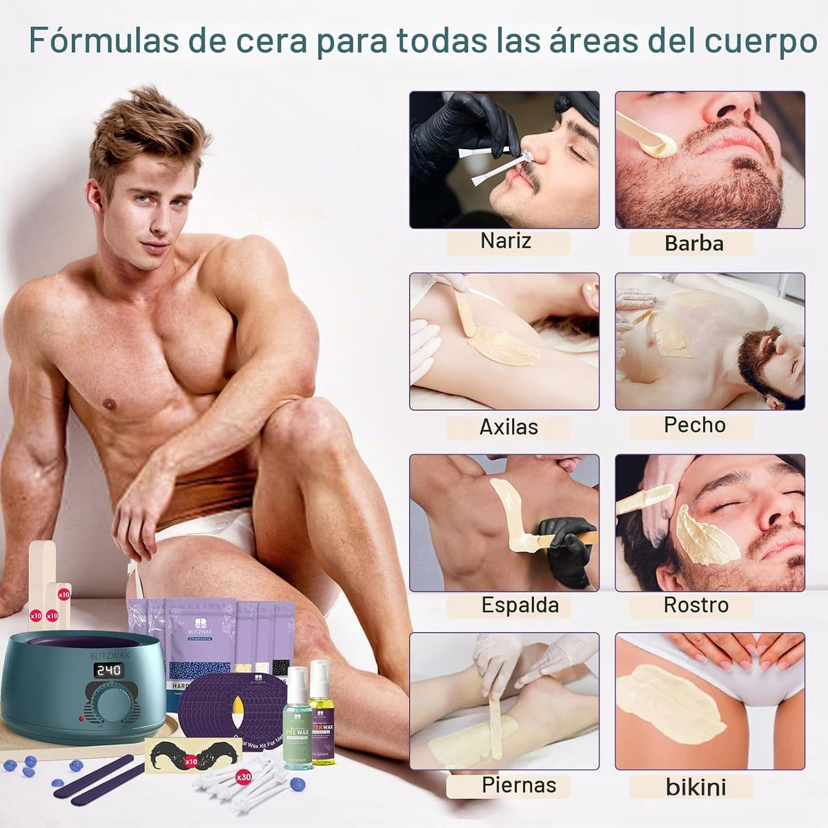 BLITZWAX Kit de depilación para hombres, calentador de cera brasile...