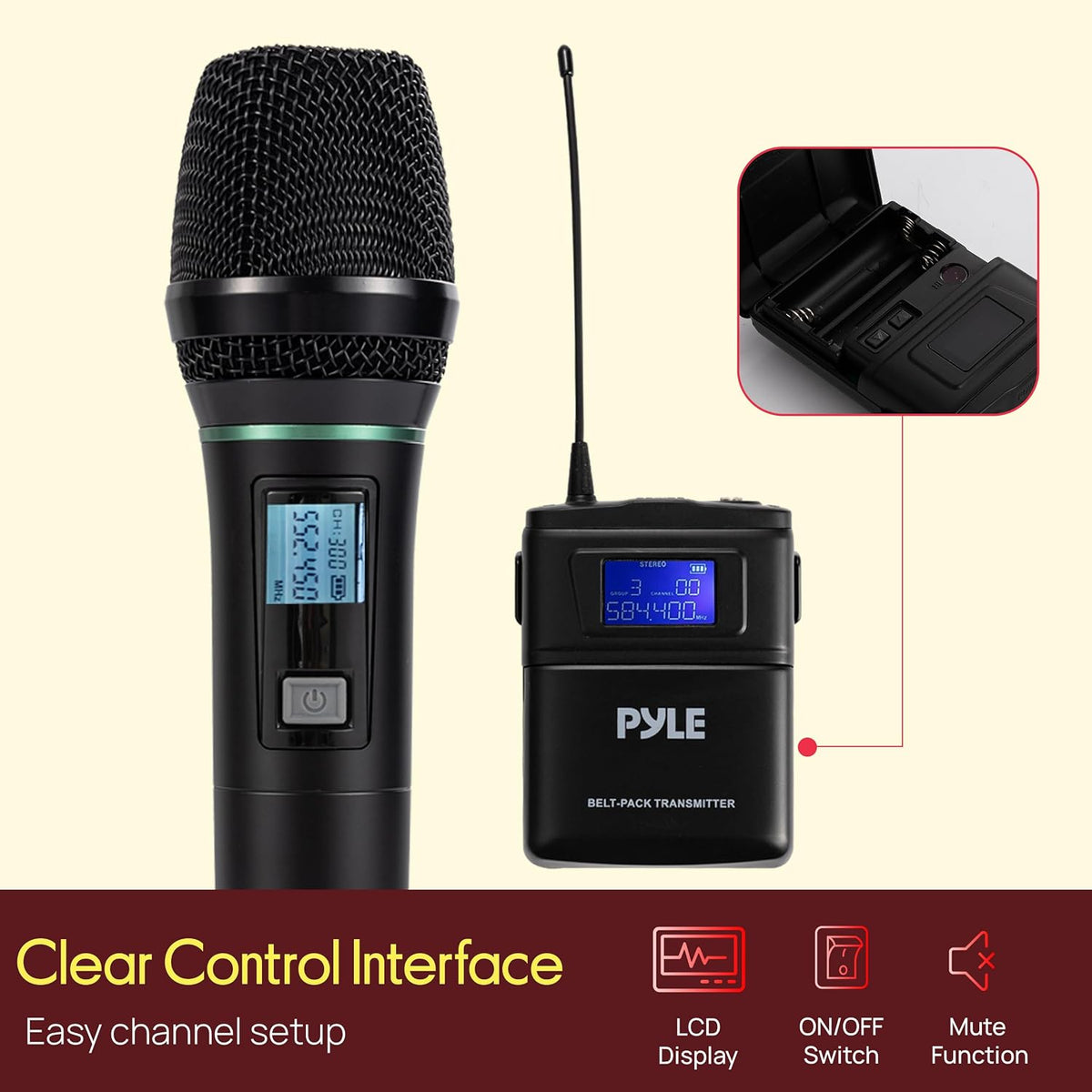 Pyle Sistema de micrófono inalámbrico UHF de 4 canales con 3 micróf...