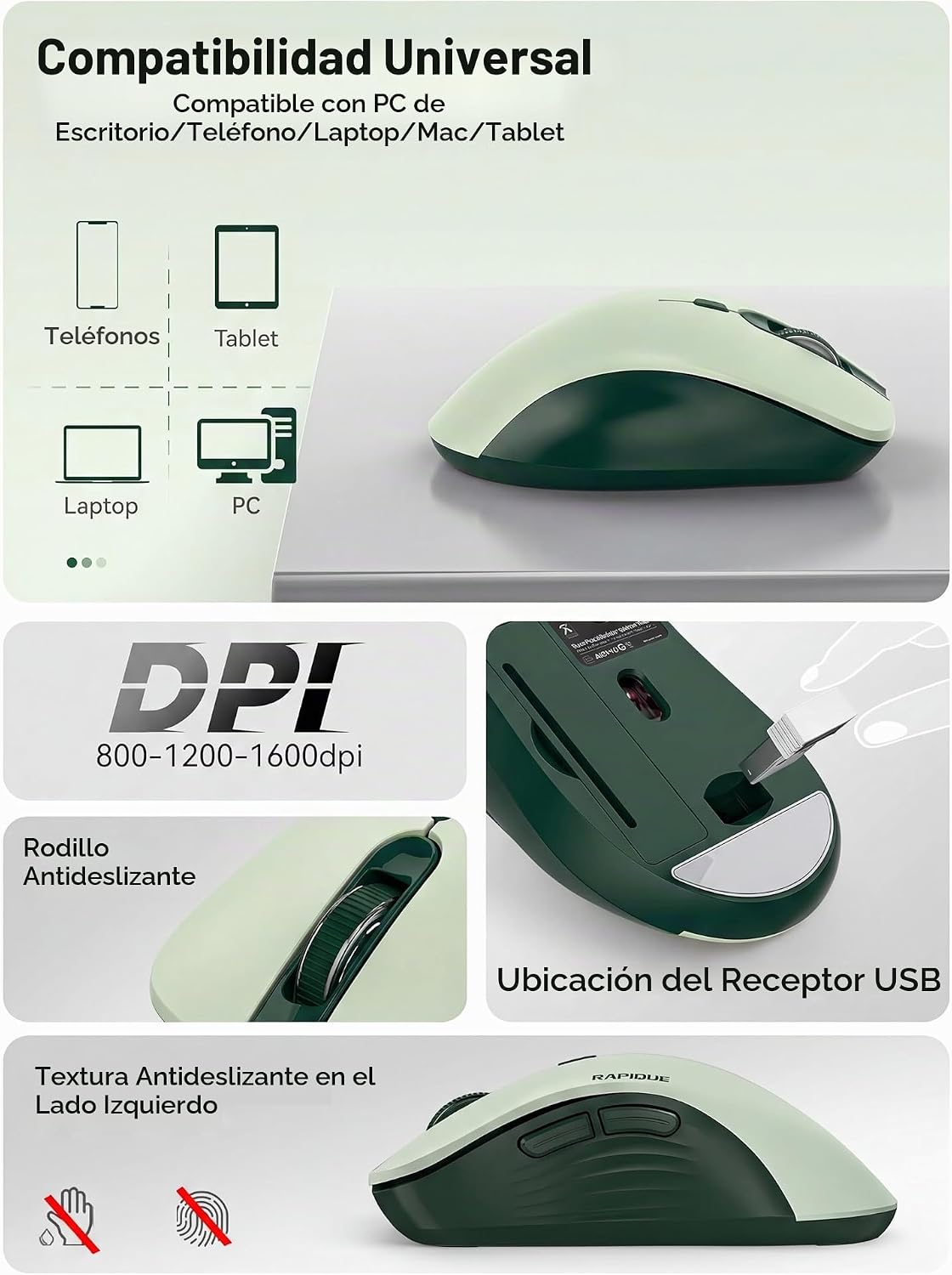 RAPIQUE Ratón inalámbrico Bluetooth, Bluetooth dual y 2.4 GHz, verd...