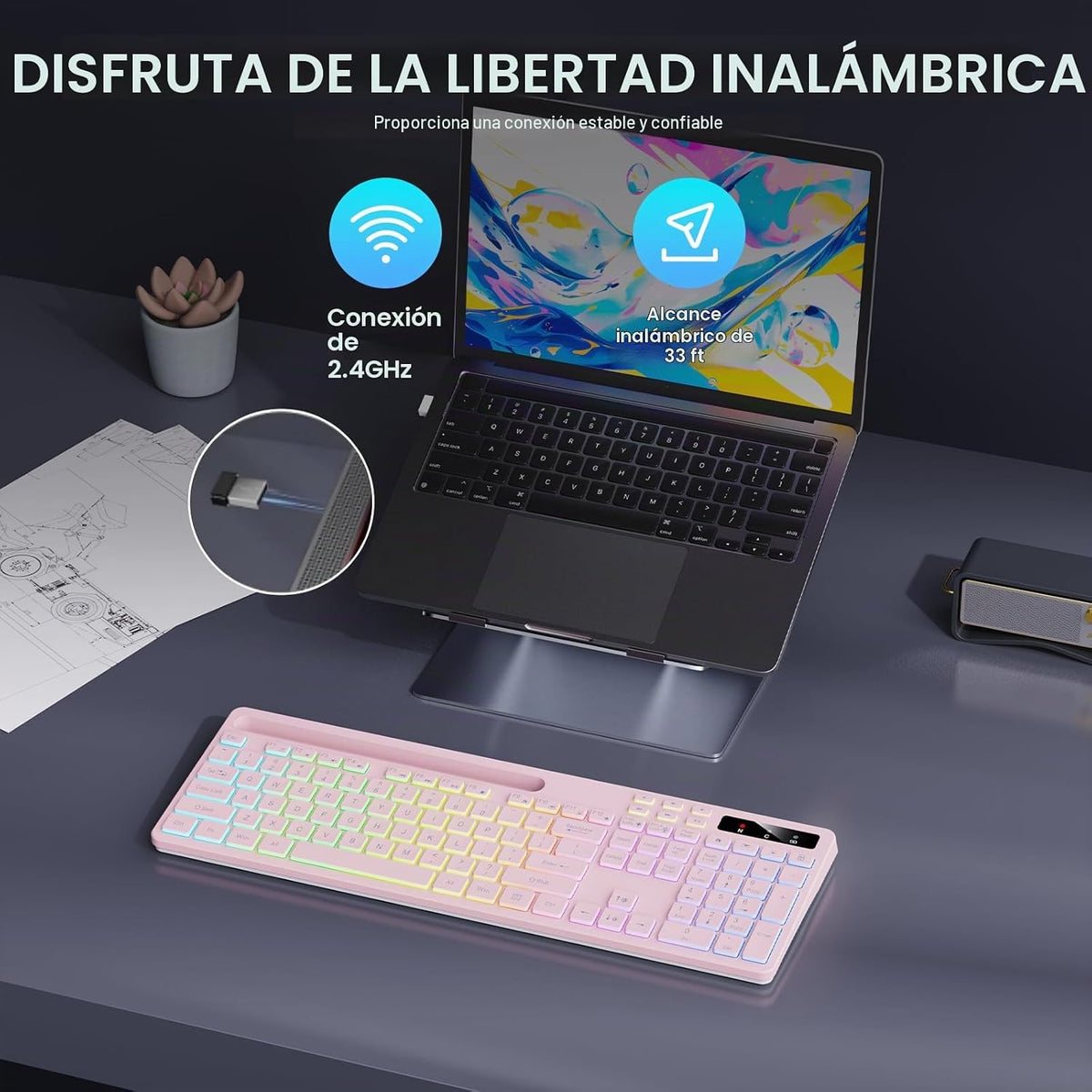 Soueto Teclado inalámbrico con retroiluminación RGB de 7 colores, t...
