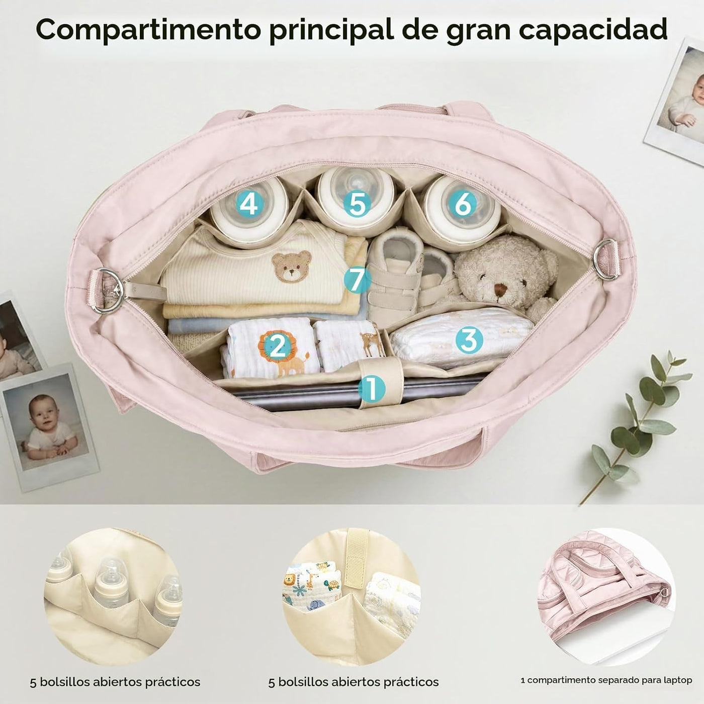 TOPEAST Bolsa de pañales, bolsa acolchada para bebé con bolsillos a...