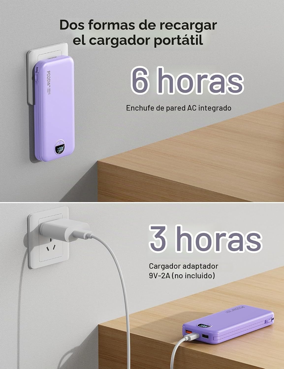 Cargador portátil Power Bank 10000mAh con cables integrados y enchu...
