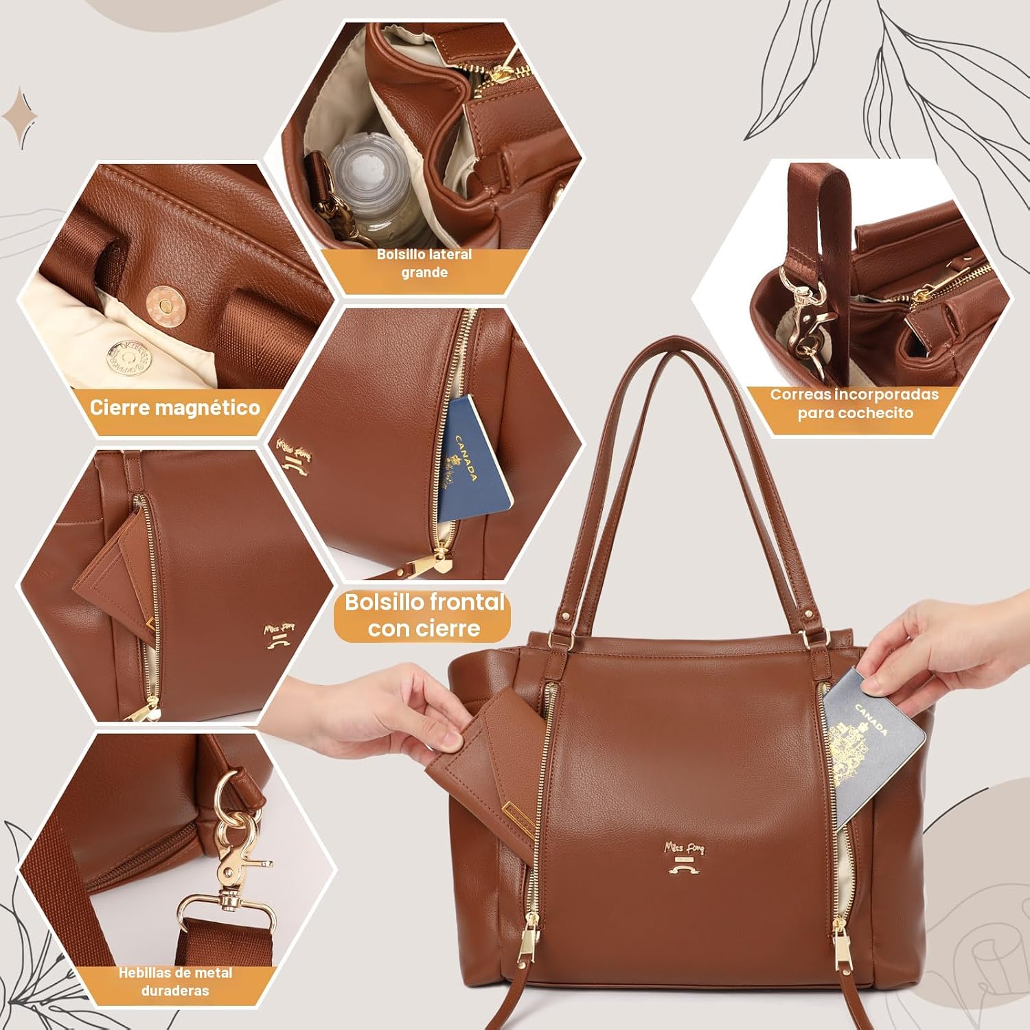 miss fong Bolso de pañales tipo mochila de cuero, bolso grande para...