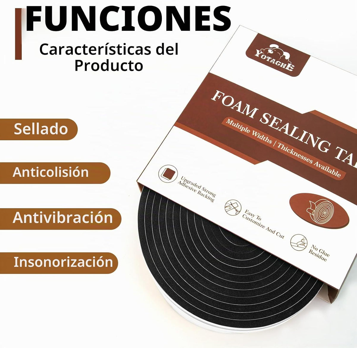 Yotache Tiras de espuma con adhesivo de 1\/2" x 1\/4", cint...