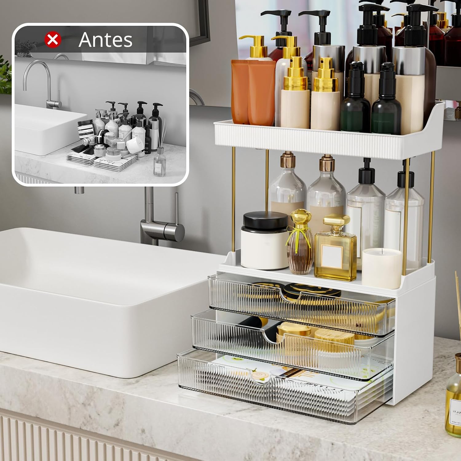 Organizador de encimera de baño de 3 cajones, organizador de maquil...