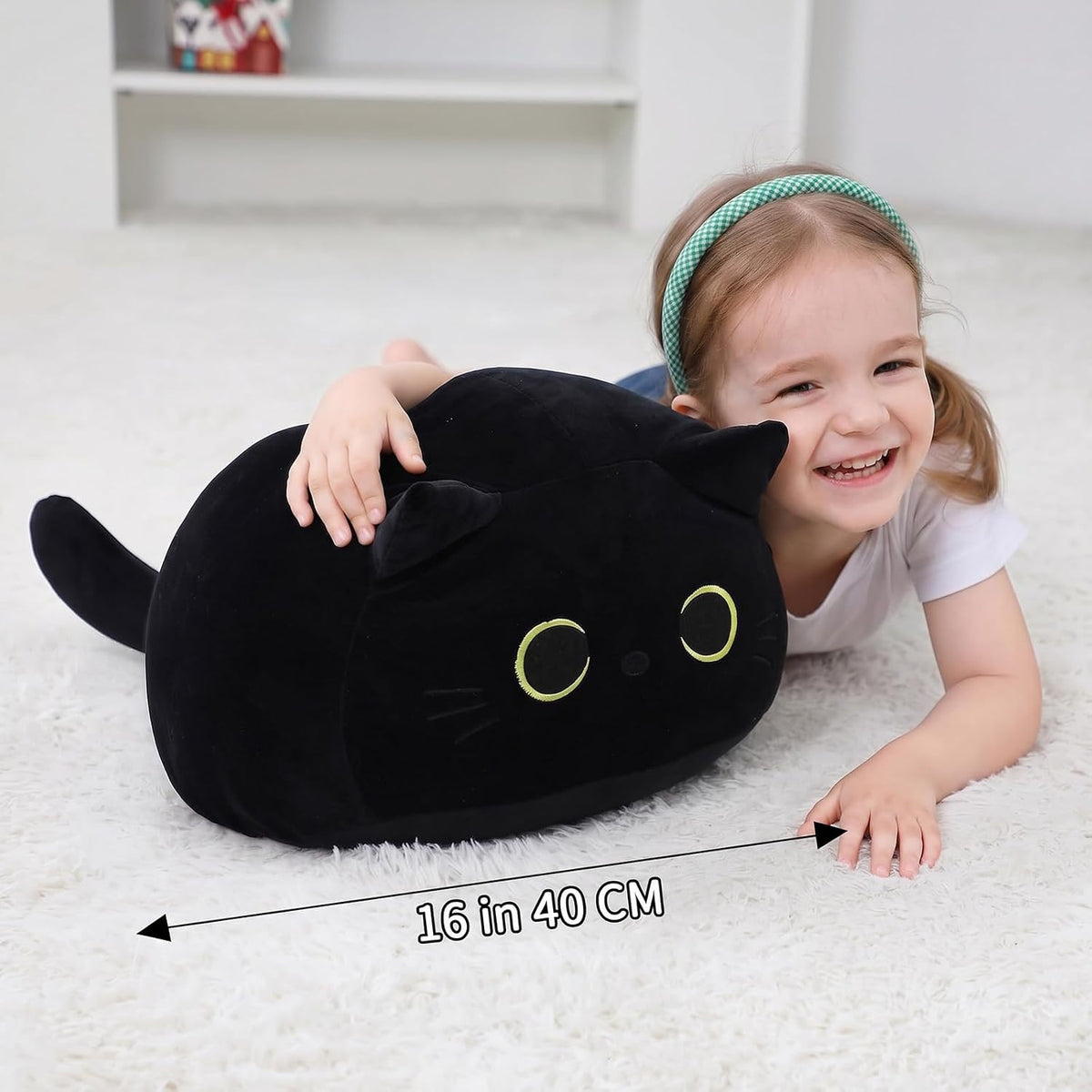 WeBingo Peluche de gato negro de 16 pulgadas, almohada de peluche d...