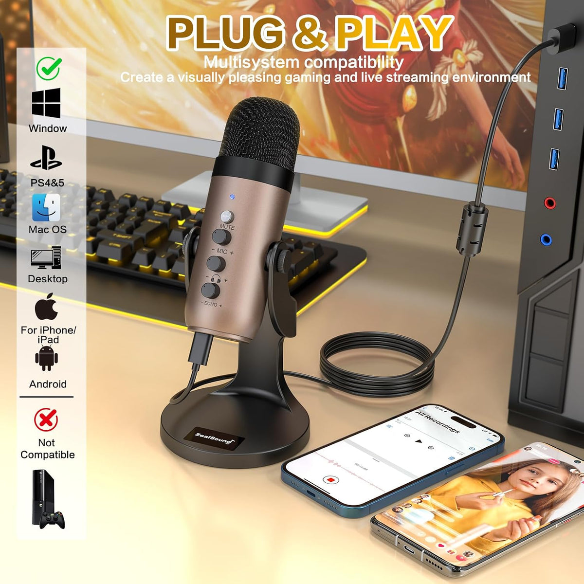 ZealSound Micrófono Podcast para PC, Micrófono USB con Cancelación...