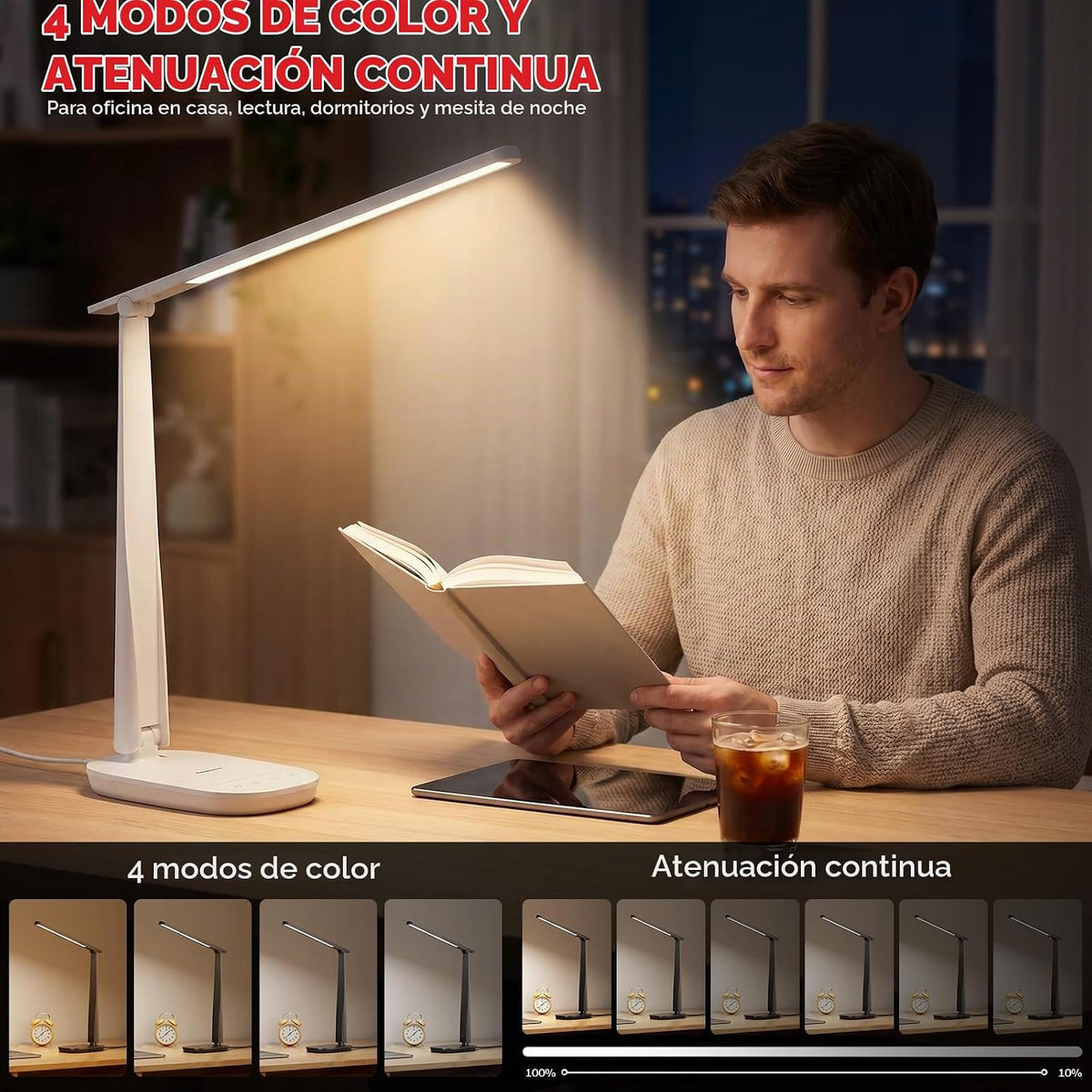 Honeywell Lámpara de escritorio LED para oficina en casa, luz de le...