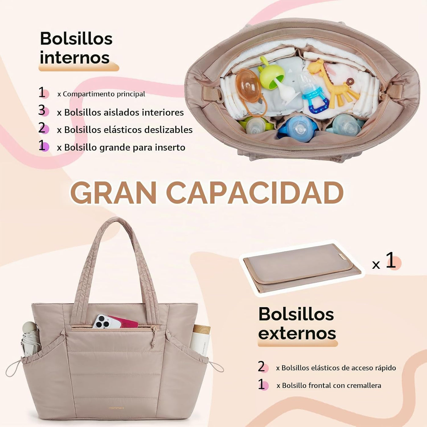 Mommore Bolso de pañales estilo tote con organizador de cochecito,...