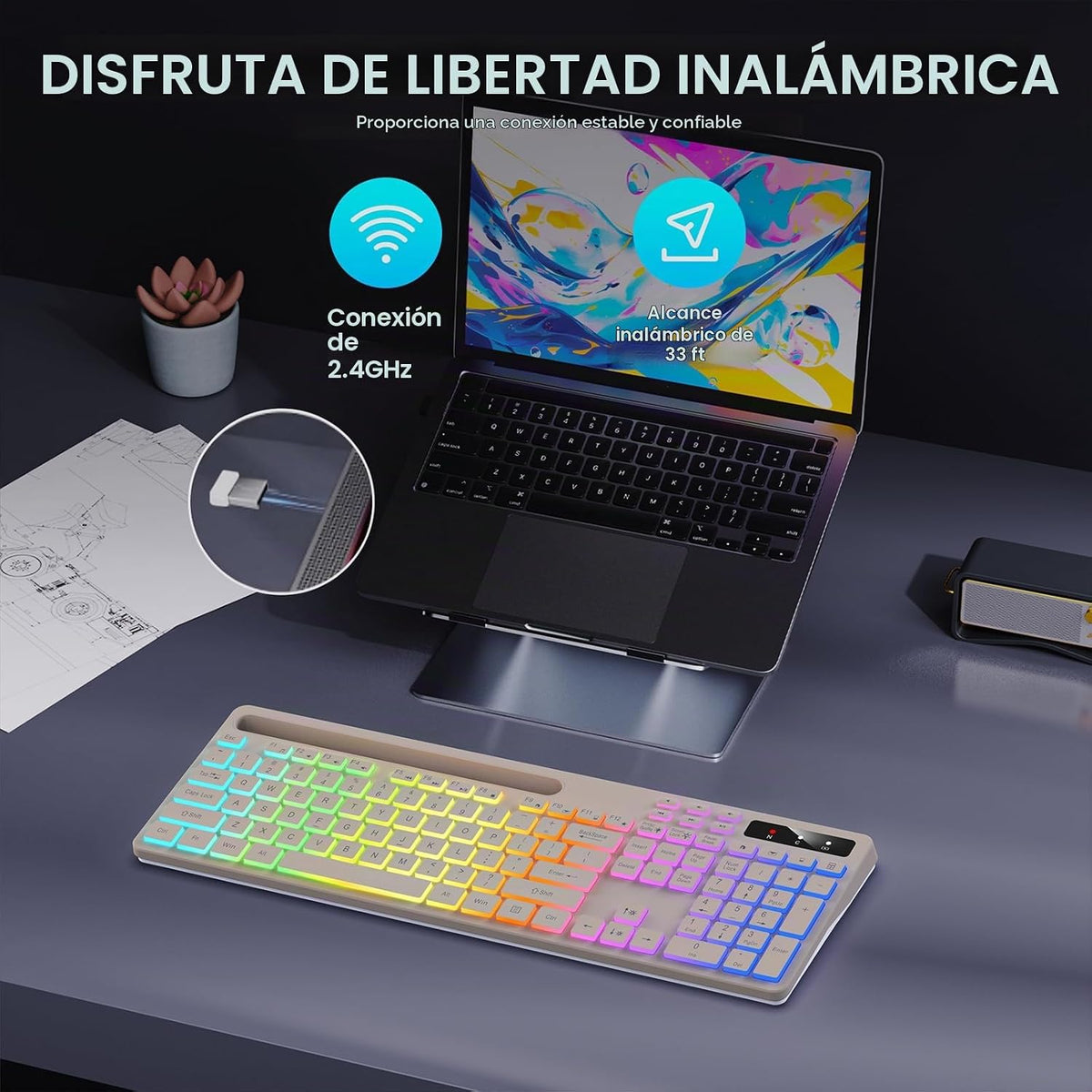 Soueto Teclado inalámbrico con retroiluminación RGB de 7 colores, t...