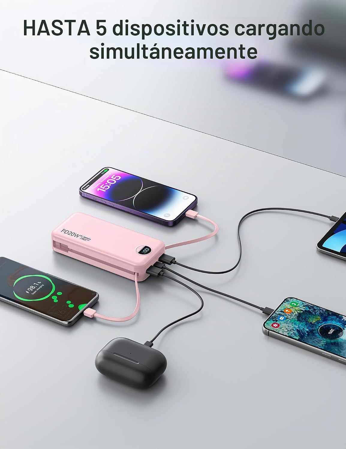 Cargador portátil Power Bank 20000mAh con cables integrados y enchu...