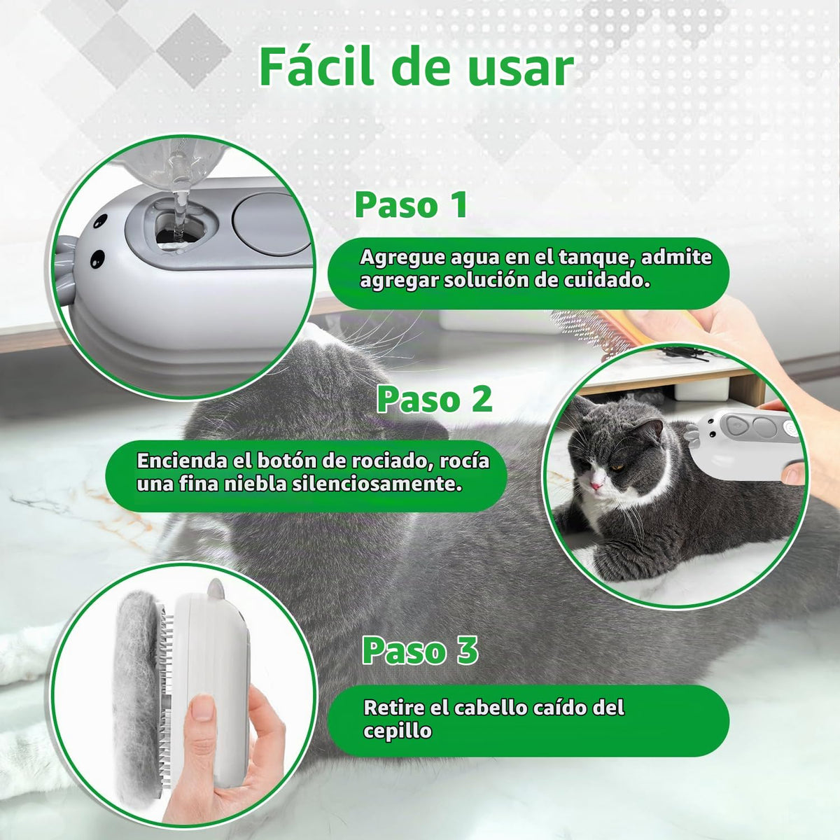 POIIOPY Cepillo de vapor para gatos con botón de liberación, peine...