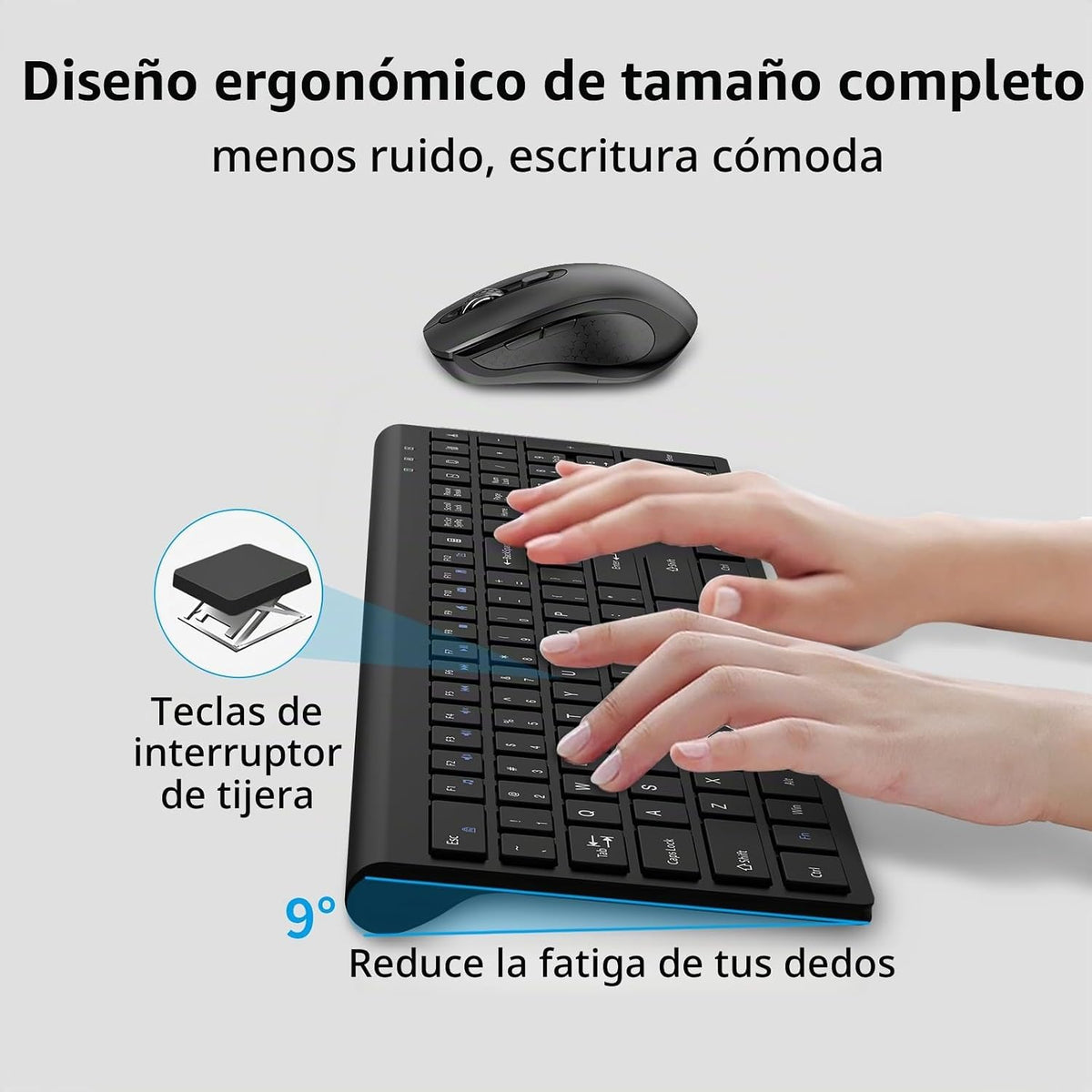 Teclado y mouse inalámbricos, teclado delgado de tamaño completo co...