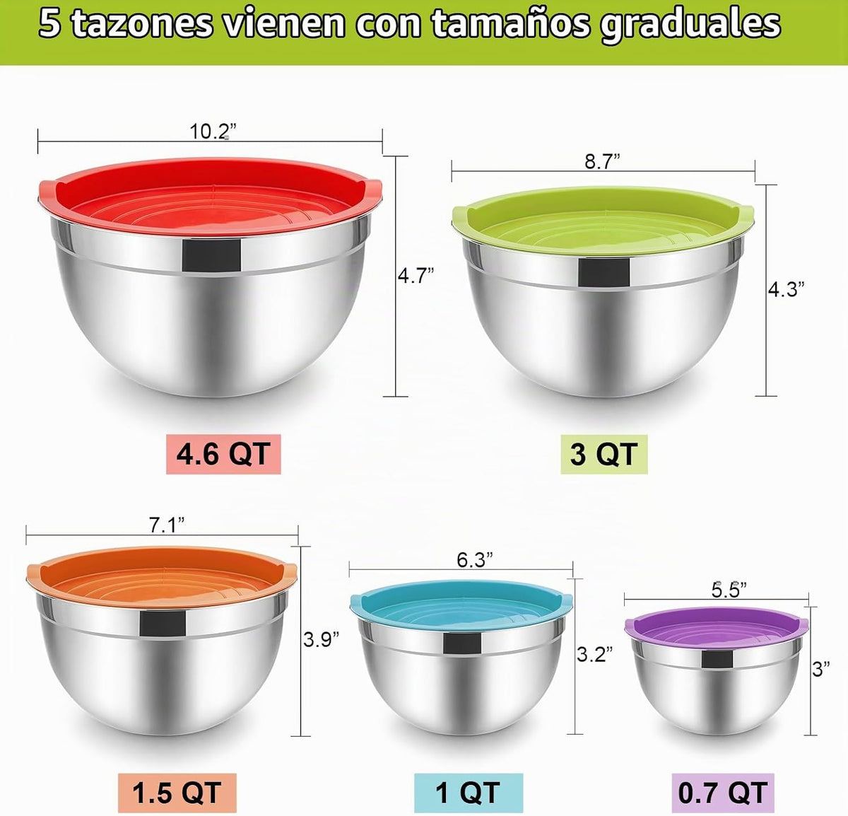 E-far Juego de 5 tazones para mezclar con tapas, cuencos de acero i...
