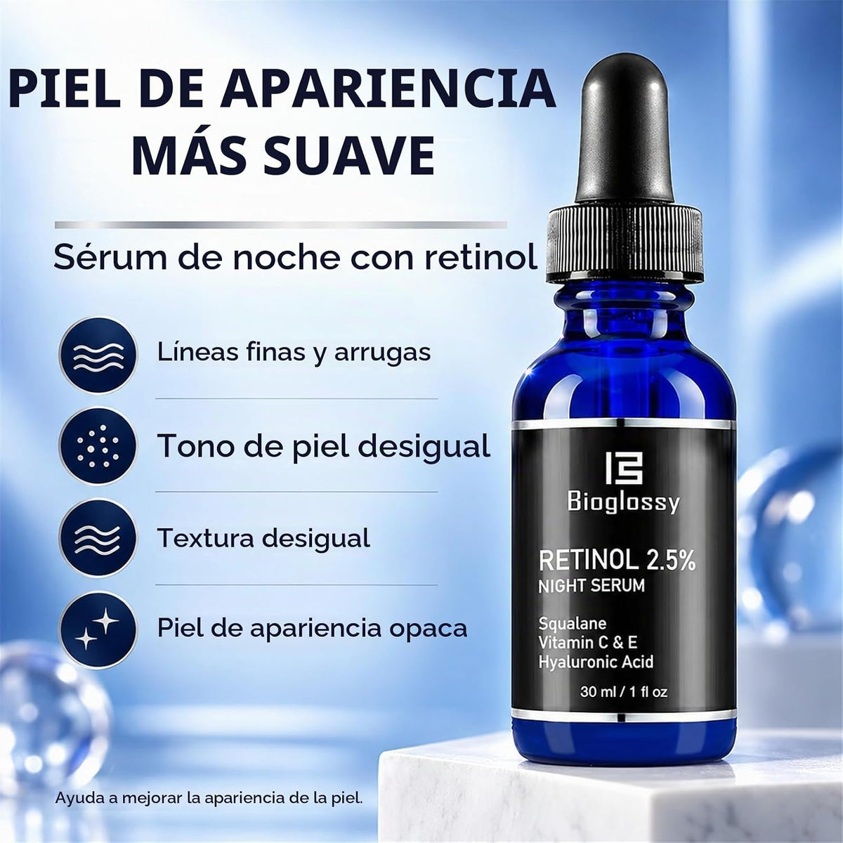 Bioglossy Suero de retinol para cara, 2.5% retinol intenso suero no...