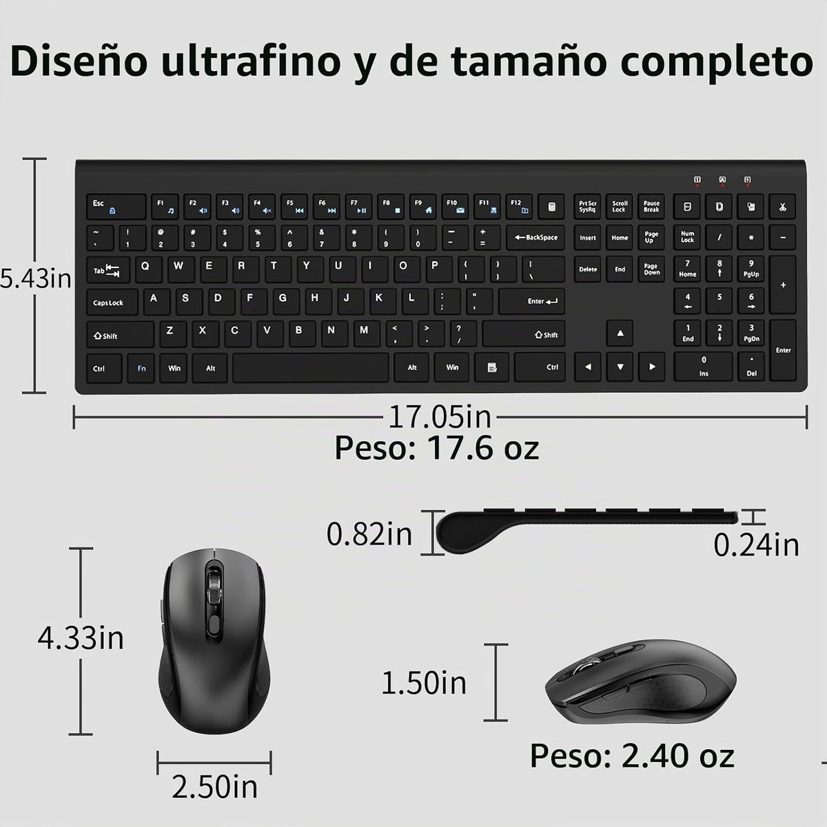 Teclado y mouse inalámbricos, teclado delgado de tamaño completo co...