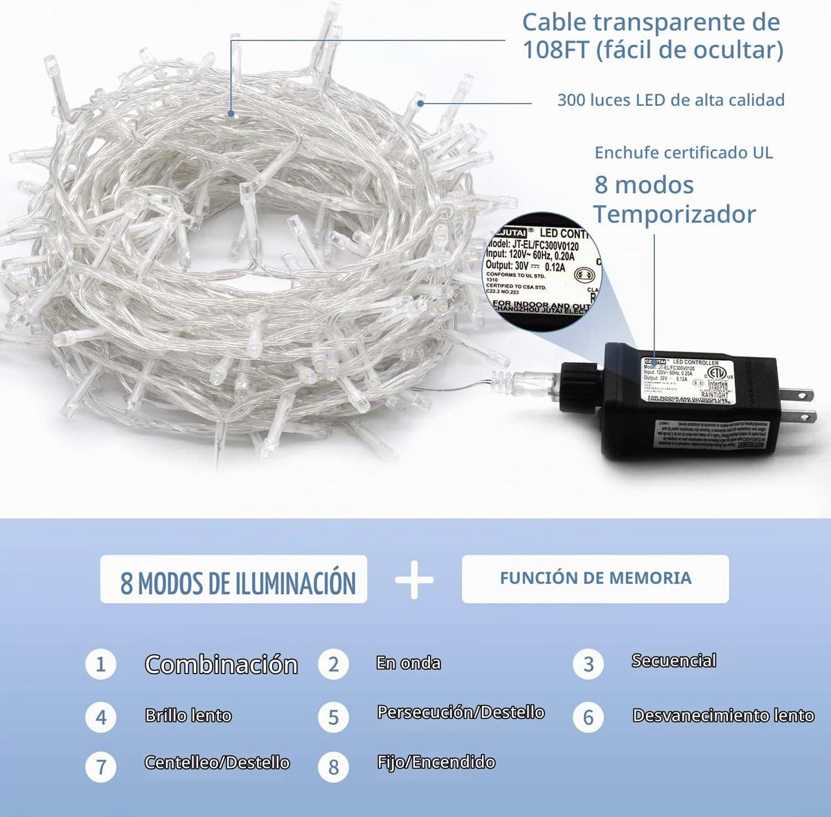 JMEXSUSS 300 luces LED de Navidad impermeables al aire libre, 8 mod...