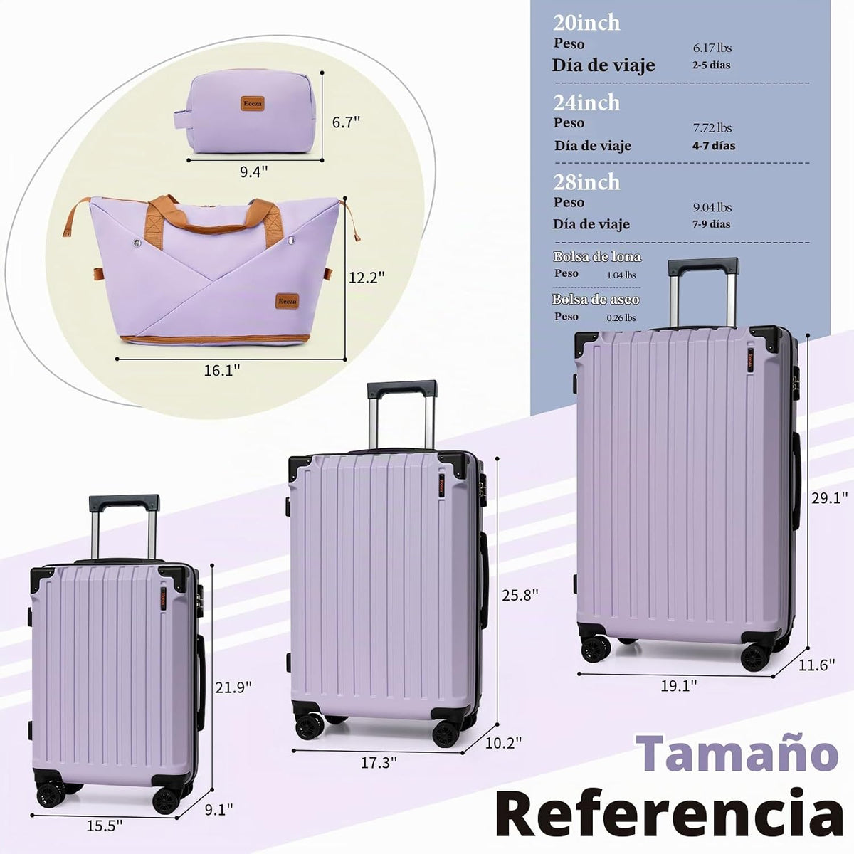 Eeeza Juego de equipaje de 5 piezas, equipaje rígido con ruedas gir...