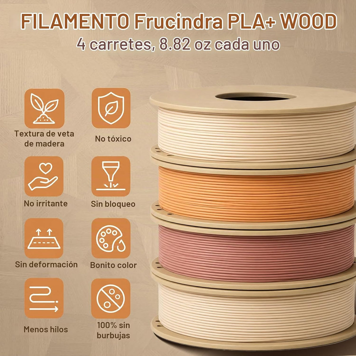 Frucindra Paquete de filamentos para impresora 3D PLA+ de madera, a...