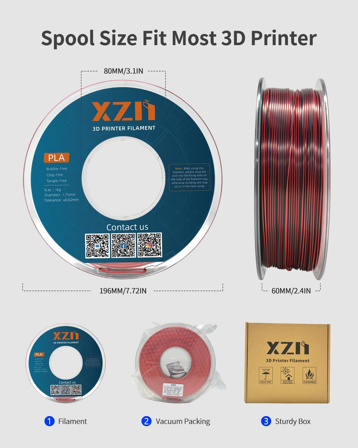 XZN - Filamento PLA de Seda 1.75mm de Doble Color Negro Rojo 1KG, F...