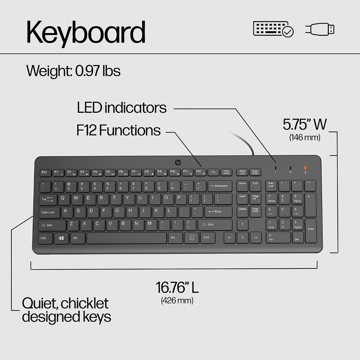 HP Teclado con cable 150 con teclado numérico, teclado Chiclet sile...