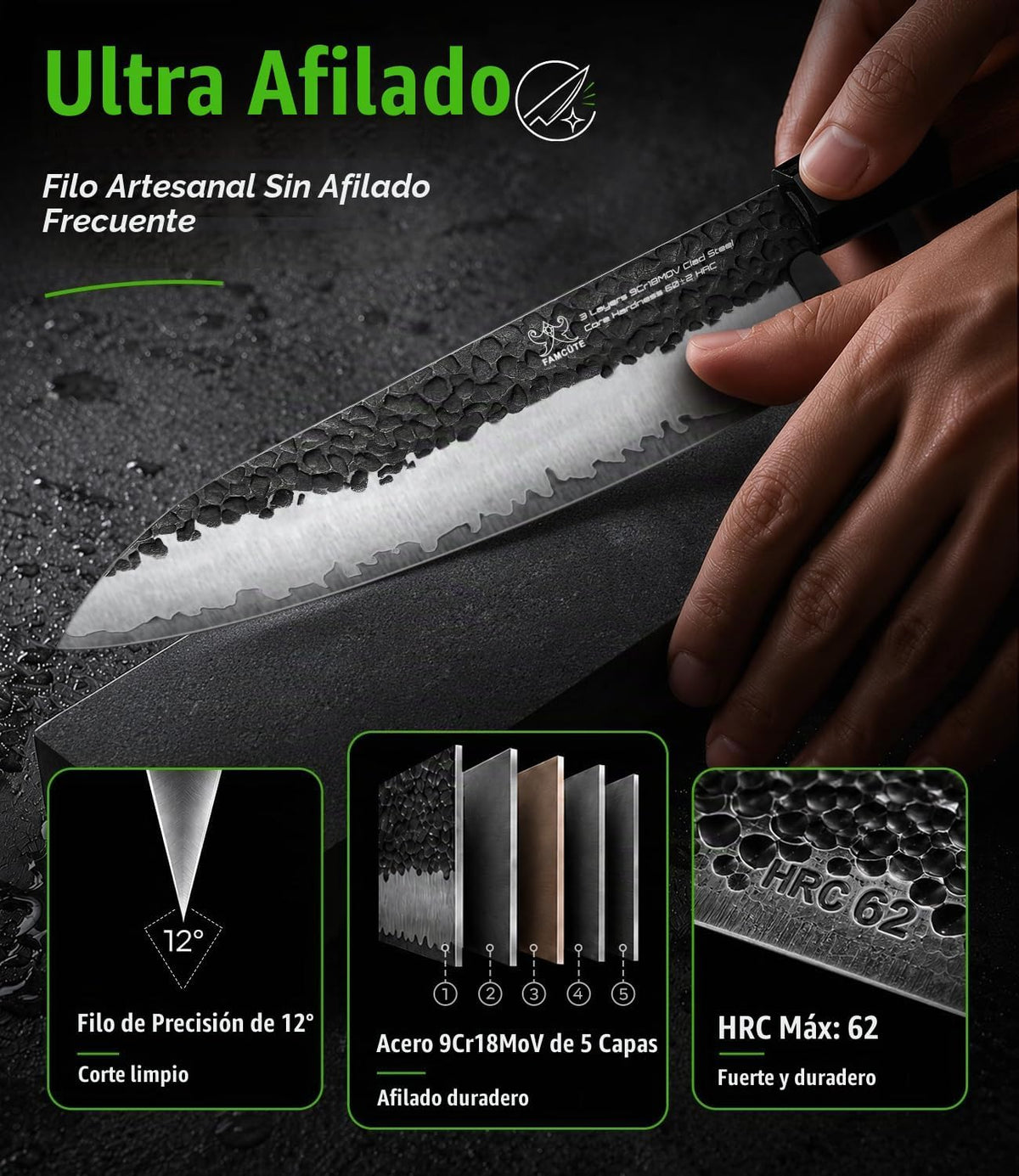 FAMCÜTE Cuchillo japonés de 8 pulgadas, cuchillo de chef afilado fo...