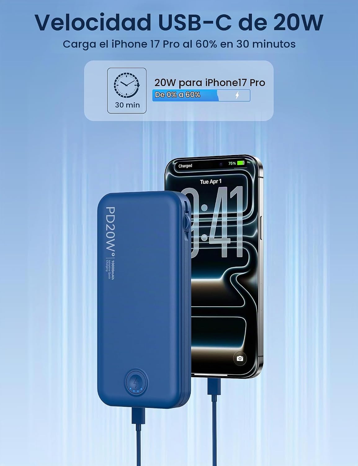 Nusyddy Cargador portátil 10000mAh de carga rápida w\/incorporado e...