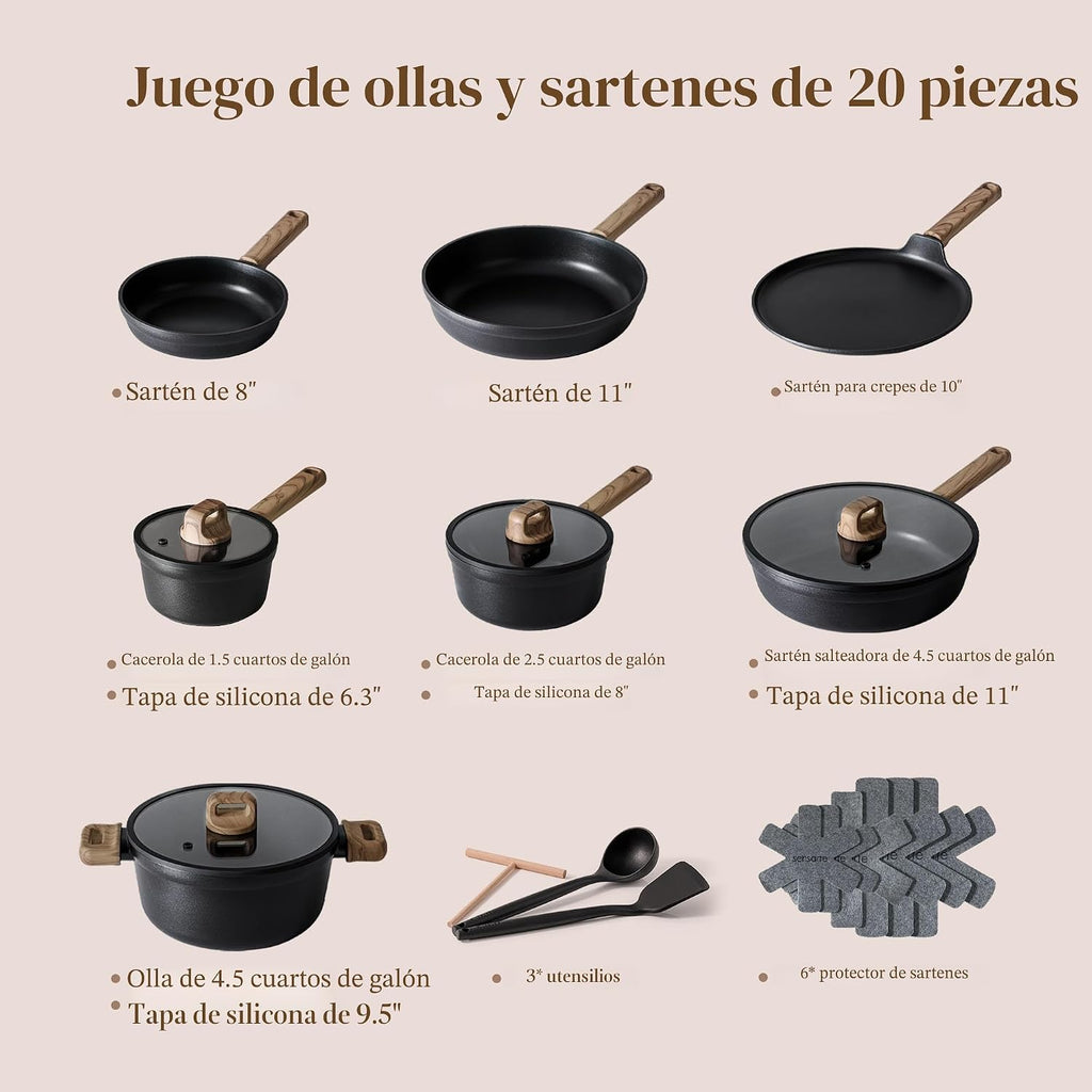 SENSARTE Juego de 20 ollas y sartenes antiadherentes, juego de uten...