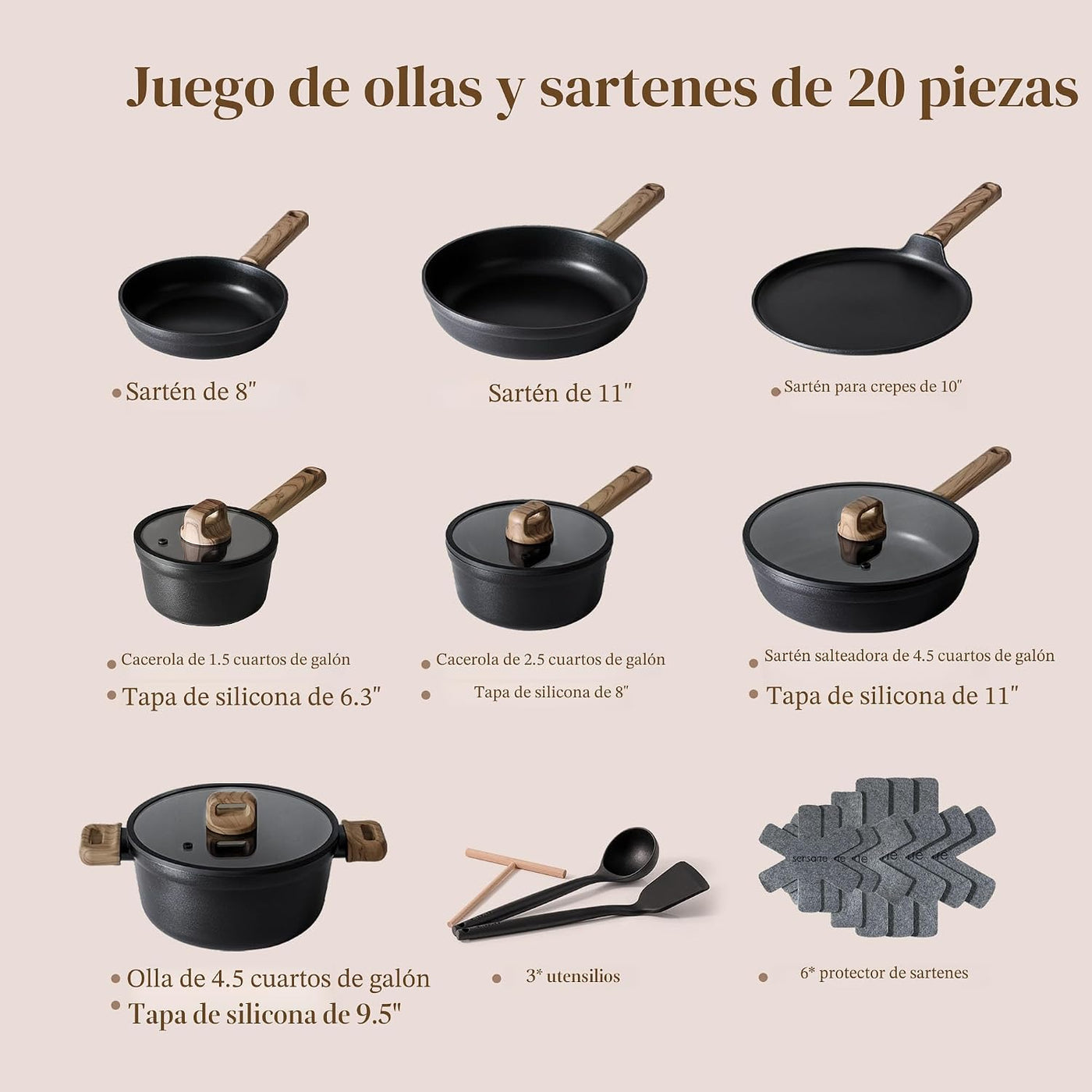 SENSARTE Juego de 20 ollas y sartenes antiadherentes, juego de uten...