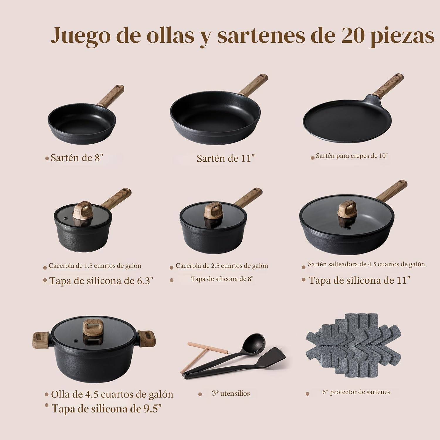 SENSARTE Juego de 20 ollas y sartenes antiadherentes, juego de uten...