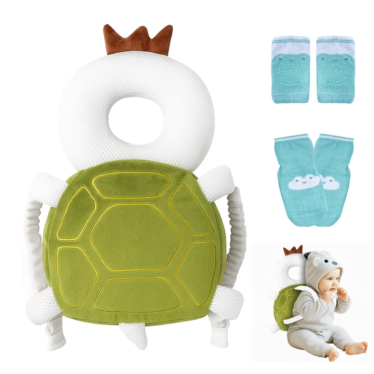 Mochila protectora de cabeza para bebé con un par de calcetines ant...