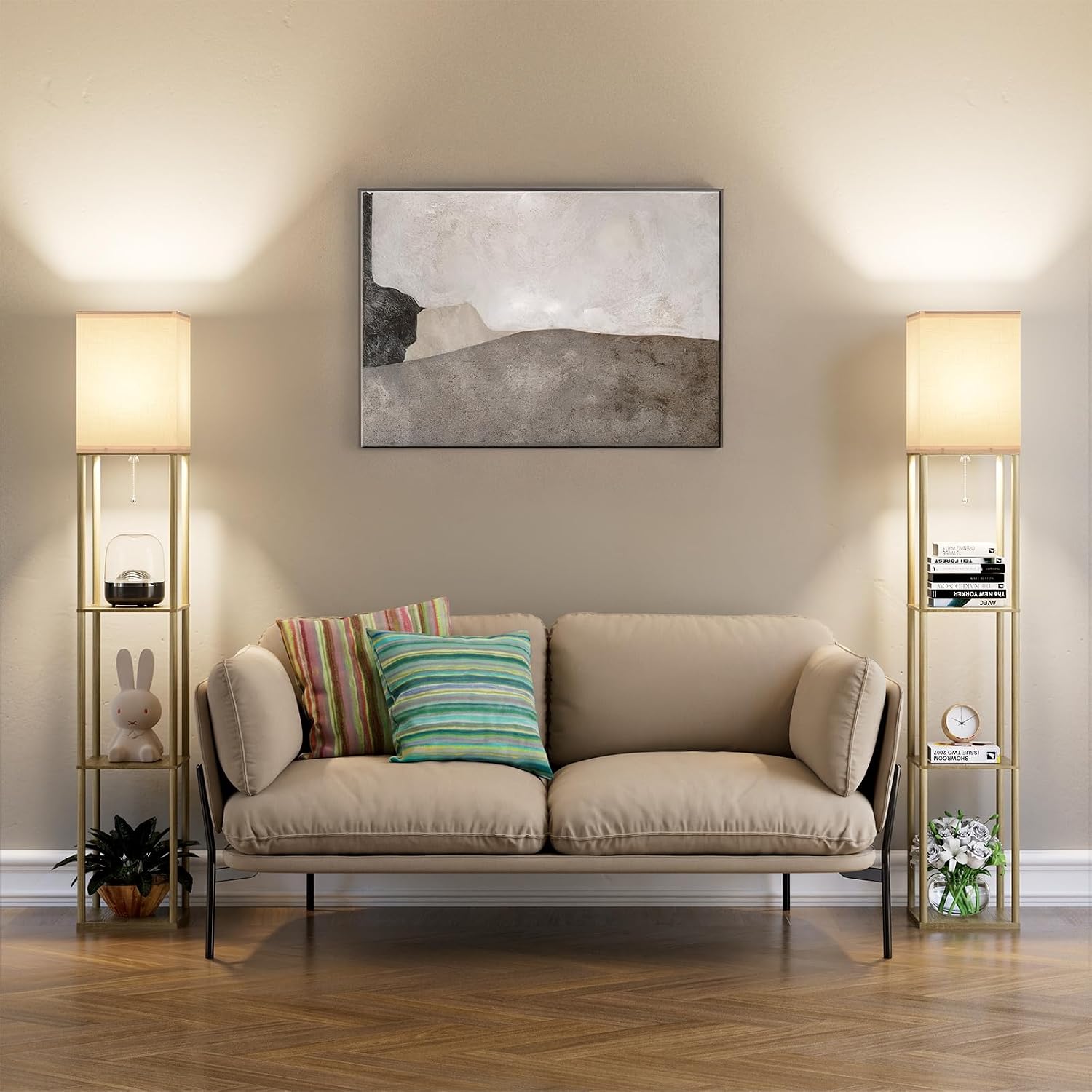PARTPHONER Lámpara de pie con estantes para sala de estar, madera n...